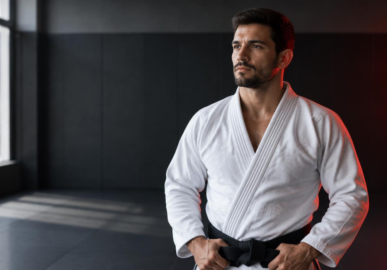 A jiu-jitsu athlete in a white gi with subtle red side lighting
