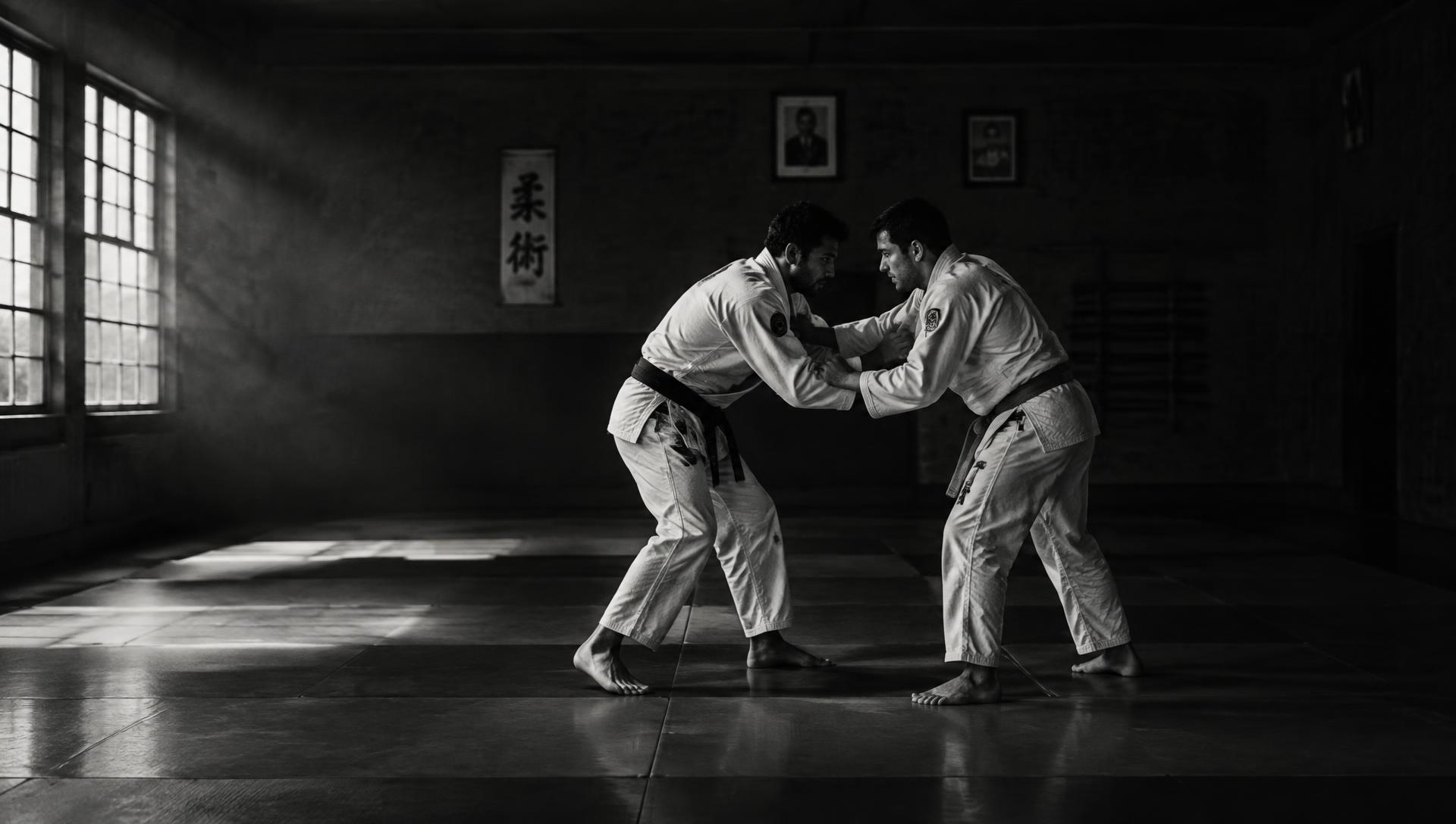 Two jiu-jitsu practitioners gripping lapels during training